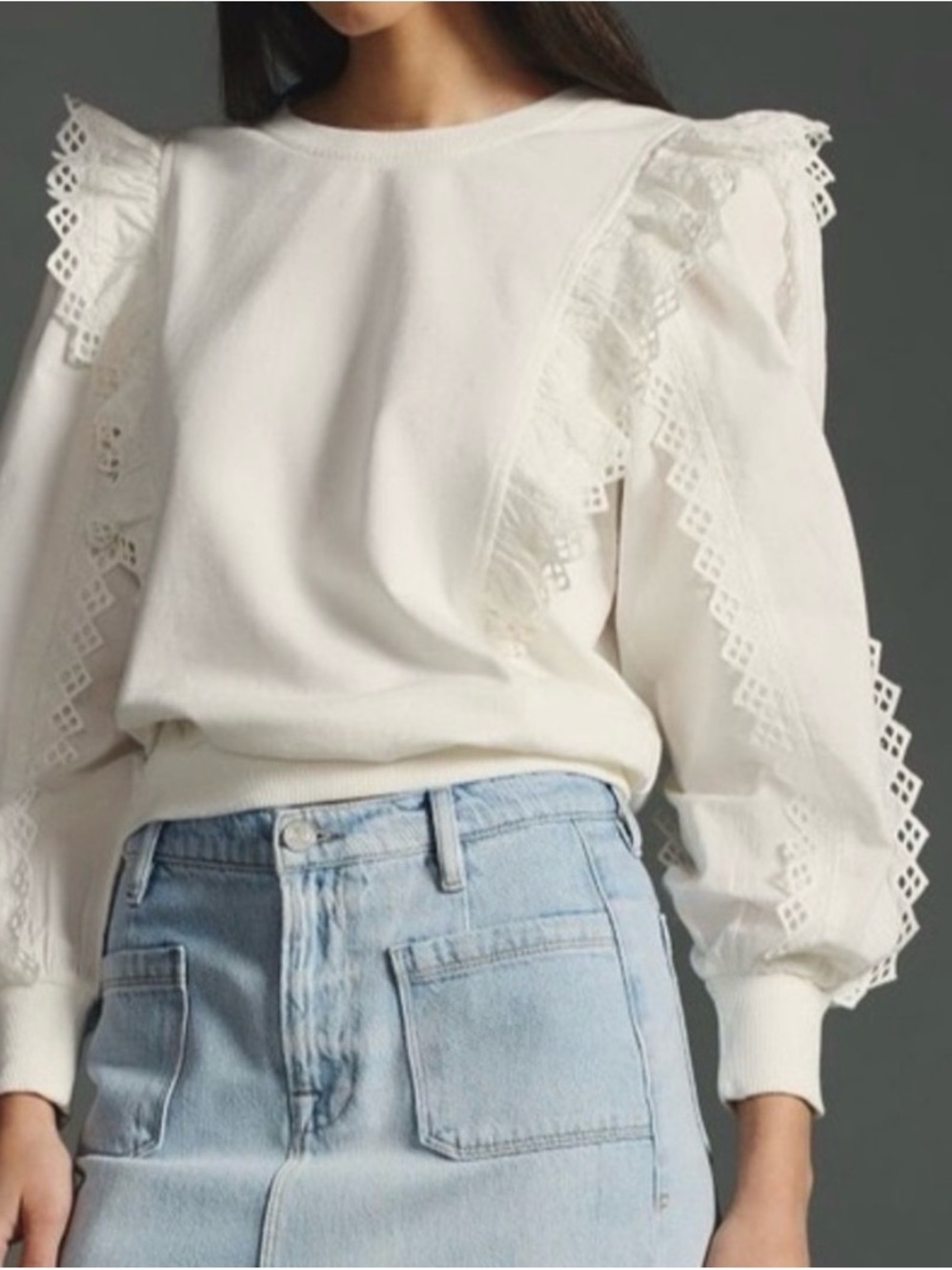 Anthropologie White Ruffle-Shoulder Sweatshirt
